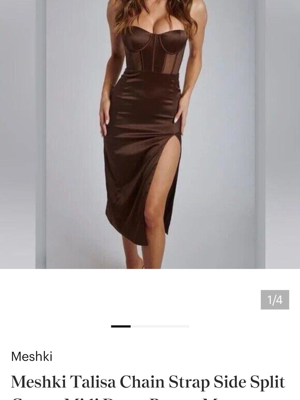 Meshki Brown Satin Side-Slit Midi Skirt